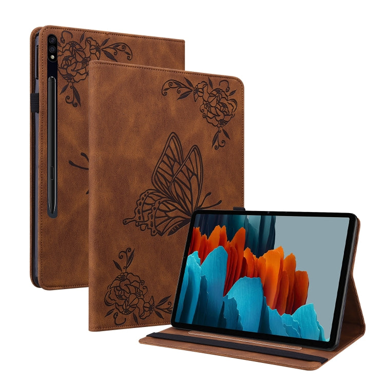 For Samsung Galaxy Tab S9 Butterfly Flower Embossed Leather Tablet Case(Brown) by bashfashion