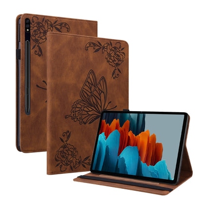 For Samsung Galaxy Tab S9 Butterfly Flower Embossed Leather Tablet Case(Brown) by bashfashion