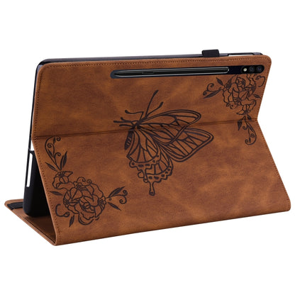 For Samsung Galaxy Tab S9 Butterfly Flower Embossed Leather Tablet Case(Brown) by bashfashion