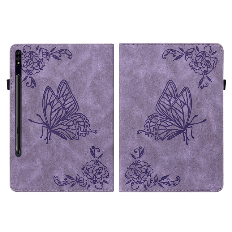 For Samsung Galaxy Tab S9 Butterfly Flower Embossed Leather Tablet Case(Purple) by bashfashion
