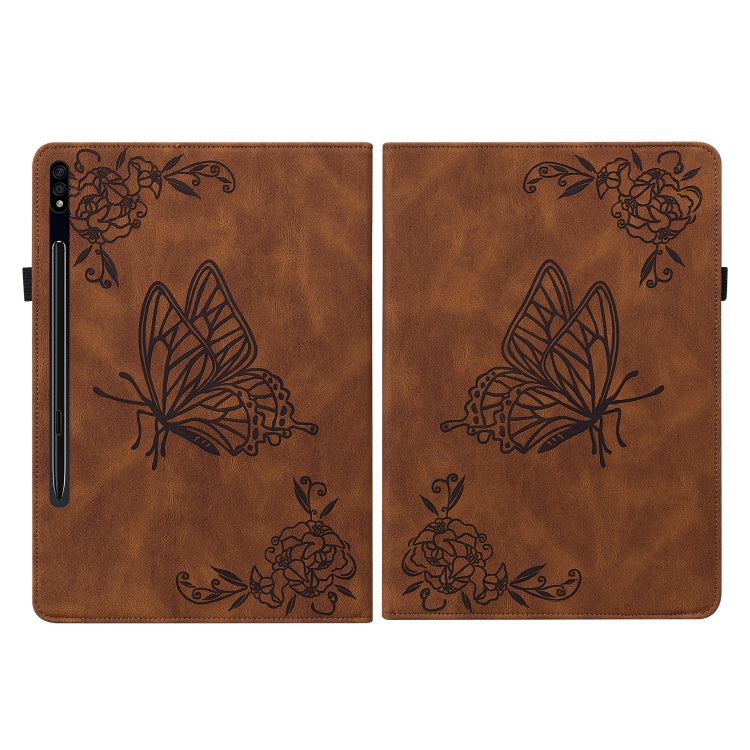 For Samsung Galaxy Tab S9+ Butterfly Flower Embossed Leather Tablet Case(Brown) by bashfashion