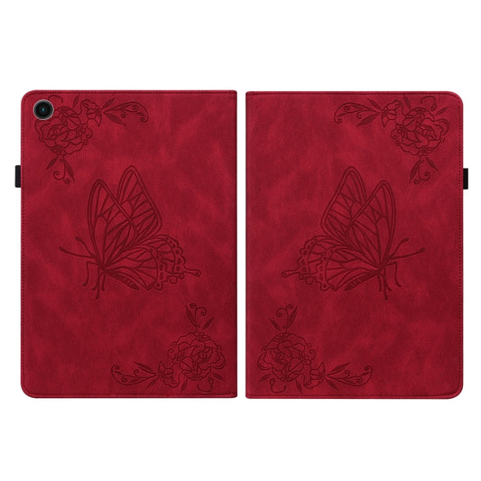 For Samsung Galaxy Tab A11 / А9 Butterfly Flower Embossed Leather Tablet Case(Red) by bashfashion
