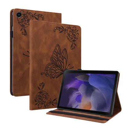 For Samsung Galaxy Tab A11 / А9 Butterfly Flower Embossed Leather Tablet Case(Brown) by bashfashion