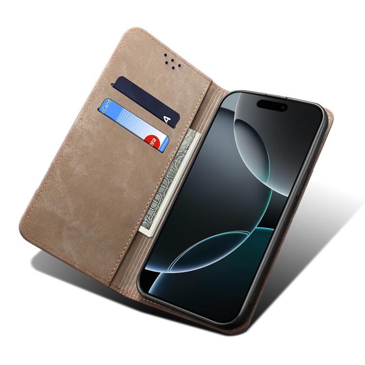 For iPhone 16e Denim Texture Casual Style Horizontal Flip Leather Case(Khaki) by bashfashion