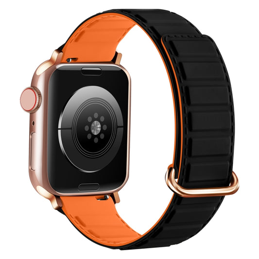 For Apple Watch Series 8 45mm Reverse Buckle Magnetic Silicone Watch Band(Rose Buckle Black Orange) by bashfashion