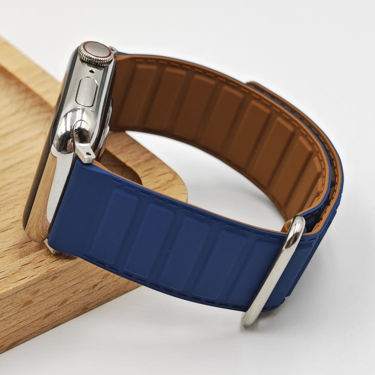 For Apple Watch Series 3 38mm Reverse Buckle Magnetic Silicone Watch Band(Silver Buckle Blue) by bashfashion