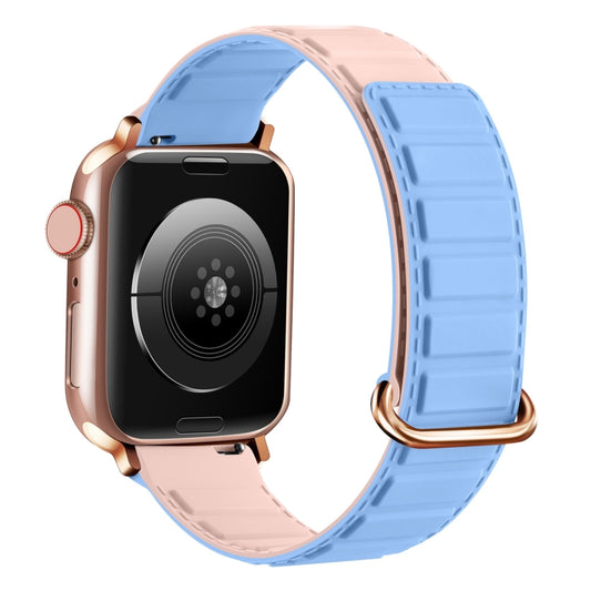 For Apple Watch Series 3 38mm Reverse Buckle Magnetic Silicone Watch Band(Rose Buckle Blue Pink) by bashfashion