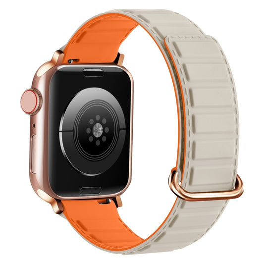 For Apple Watch SE 2023 44mm Reverse Buckle Magnetic Silicone Watch Band(Rose Buckle Starlight Orange) by bashfashion