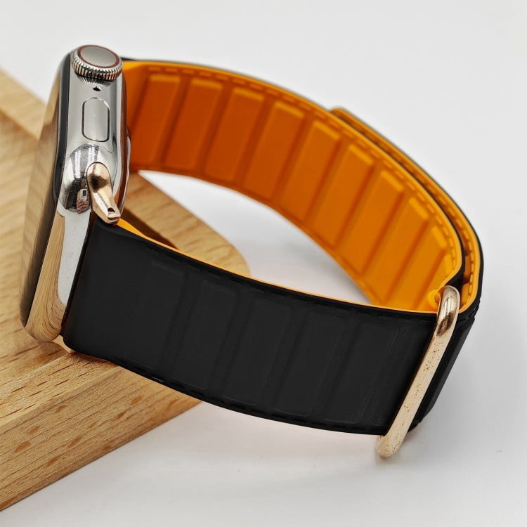 For Apple Watch Series 10 42mm Reverse Buckle Magnetic Silicone Watch Band(Rose Buckle Black Orange) by bashfashion