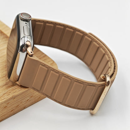 For Apple Watch Series 10 42mm Reverse Buckle Magnetic Silicone Watch Band(Rose Buckle Milk Apricot) by bashfashion