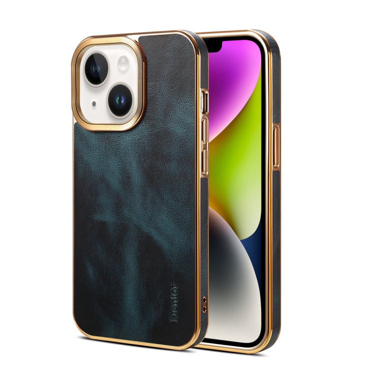 For iPhone 14 Denior Oil Wax Cowhide Plating Phone Case(Blue) by Denior