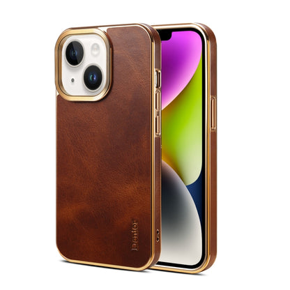 For iPhone 14 Plus Denior Oil Wax Cowhide Plating Phone Case(Brown) by Denior