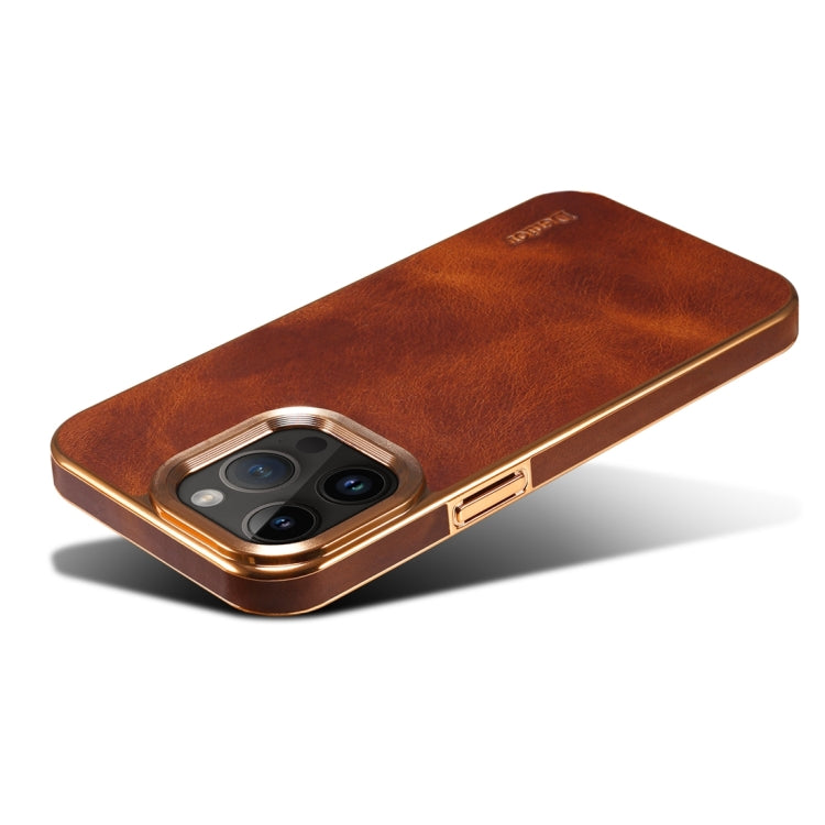 For iPhone 14 Plus Denior Oil Wax Cowhide Plating Phone Case(Brown) by Denior