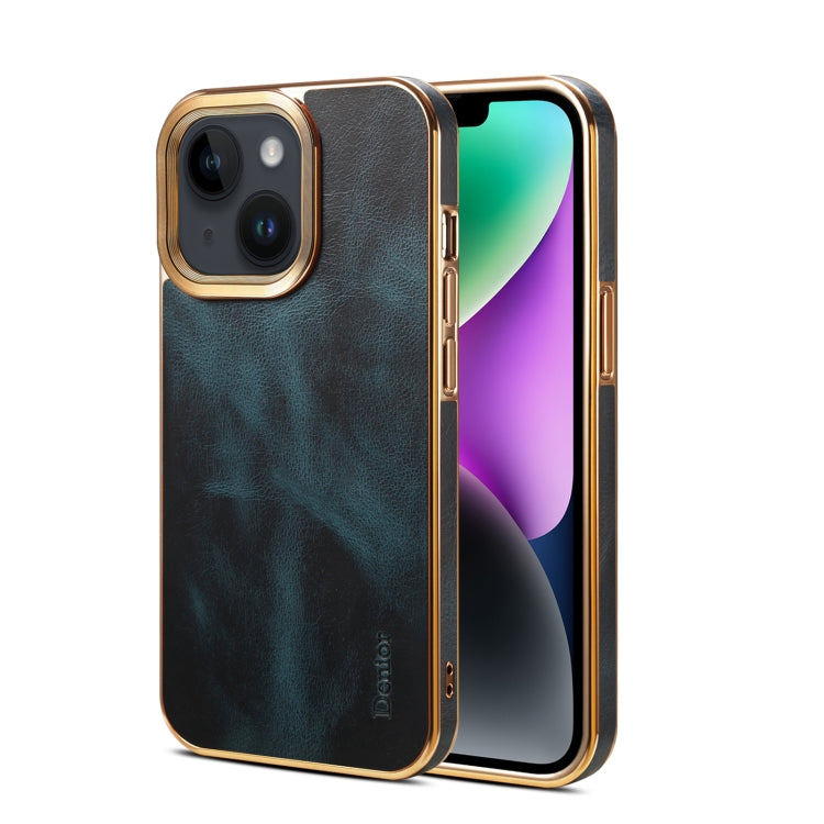 For iPhone 15 Plus Denior Oil Wax Cowhide Plating Phone Case(Blue) by Denior