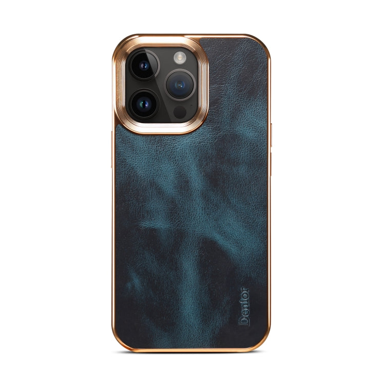 For iPhone 15 Plus Denior Oil Wax Cowhide Plating Phone Case(Blue) by Denior