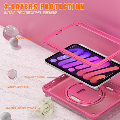 For iPad mini 6 / mini 2024 Heavy Duty Hybrid Tablet Case with Hand Grip & Strap(Rose Red) by bashfashion