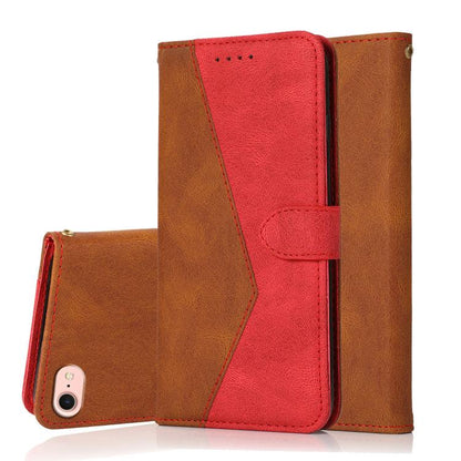 For iPhone 16e Dual-color Stitching Leather Phone Case(Brown Red) by bashfashion