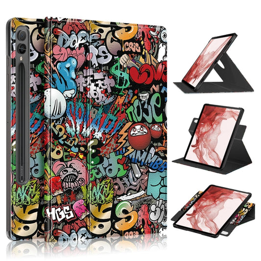For Samsung Galaxy Tab S9 360 Rotation Stand Painted Smart Leather Tablet Case(Graffiti) by bashfashion
