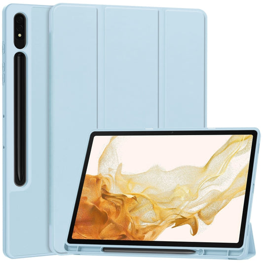 For Samsung Galaxy Tab S9+ 3-Fold Pure Color TPU Smart Leather Tablet Case with Pen Slot(Light Blue) by bashfashion