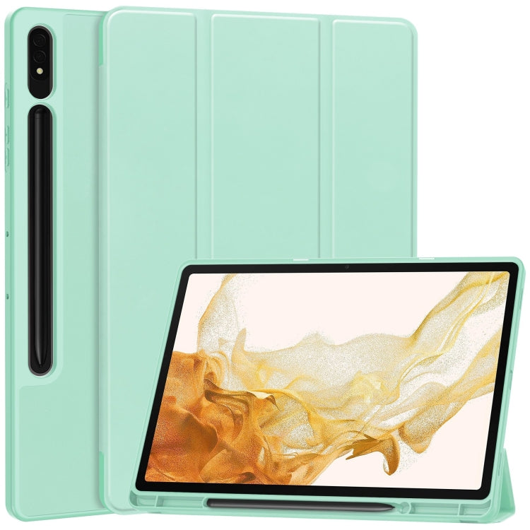 For Samsung Galaxy Tab S9+ 3-Fold Pure Color TPU Smart Leather Tablet Case with Pen Slot(Mint Green) by bashfashion