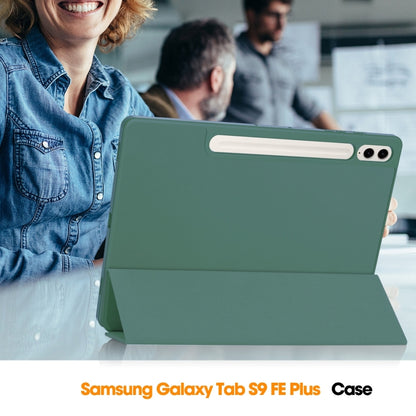 For Samsung Galaxy Tab S9 FE+ / S10+ 3-Fold Pure Color TPU Smart Leather Tablet Case with Pen Slot(Dark Green) by bashfashion