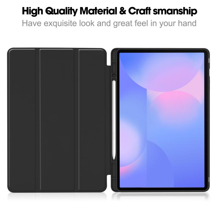 For Samsung Galaxy Tab S10 FE+ 3-Fold Pure Color TPU Smart Leather Tablet Case with Pen Slot(Black) by bashfashion