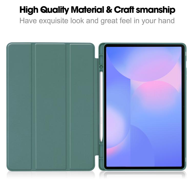 For Samsung Galaxy Tab S10 FE+ 3-Fold Pure Color TPU Smart Leather Tablet Case with Pen Slot(Dark Green) by bashfashion