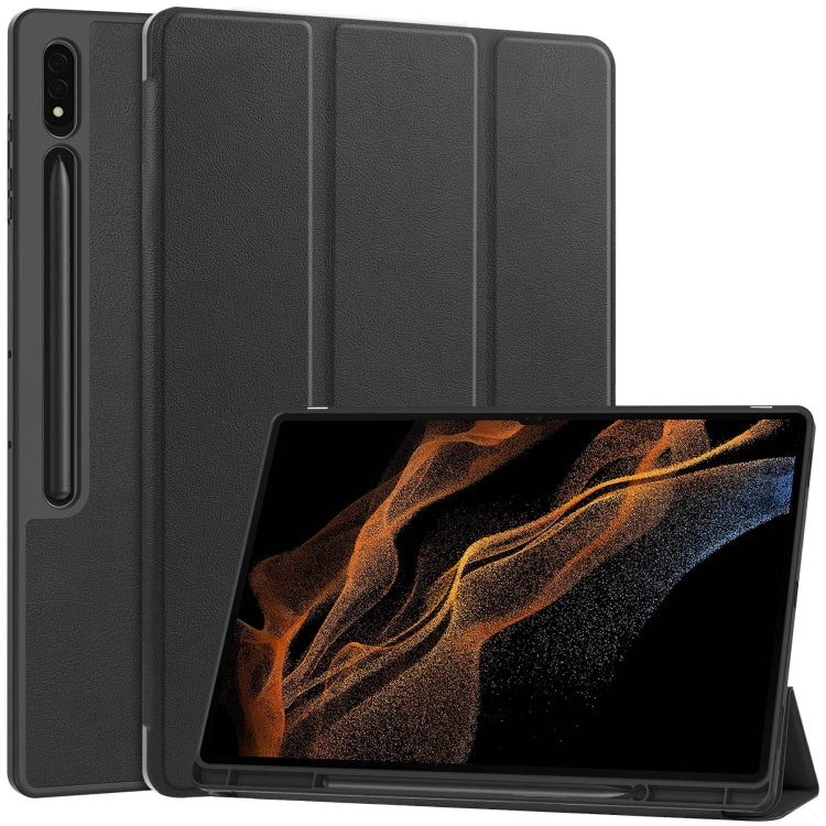 For Samsung Galaxy Tab S10 Ultra / S9 Ultra 3-Fold Pure Color TPU Smart Leather Tablet Case with Pen Slot(Black) by bashfashion