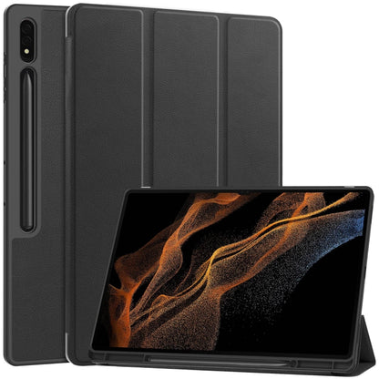 For Samsung Galaxy Tab S10 Ultra / S9 Ultra 3-Fold Pure Color TPU Smart Leather Tablet Case with Pen Slot(Black) by bashfashion