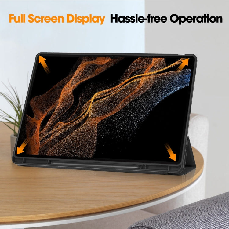 For Samsung Galaxy Tab S10 Ultra / S9 Ultra 3-Fold Pure Color TPU Smart Leather Tablet Case with Pen Slot(Black) by bashfashion