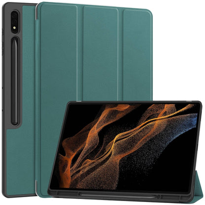 For Samsung Galaxy Tab S10 Ultra / S9 Ultra 3-Fold Pure Color TPU Smart Leather Tablet Case with Pen Slot(Dark Green) by bashfashion