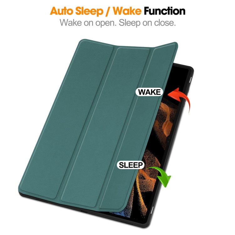 For Samsung Galaxy Tab S10 Ultra / S9 Ultra 3-Fold Pure Color TPU Smart Leather Tablet Case with Pen Slot(Dark Green) by bashfashion