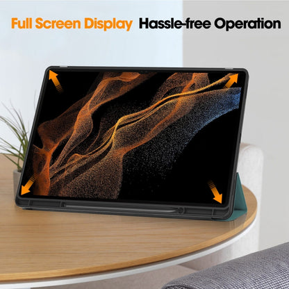 For Samsung Galaxy Tab S10 Ultra / S9 Ultra 3-Fold Pure Color TPU Smart Leather Tablet Case with Pen Slot(Dark Green) by bashfashion