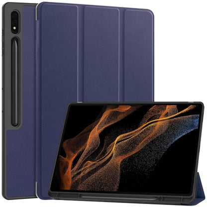 For Samsung Galaxy Tab S10 Ultra / S9 Ultra 3-Fold Pure Color TPU Smart Leather Tablet Case with Pen Slot(Dark Blue) by bashfashion