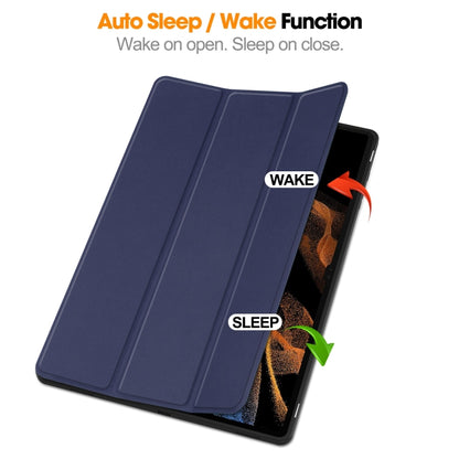 For Samsung Galaxy Tab S10 Ultra / S9 Ultra 3-Fold Pure Color TPU Smart Leather Tablet Case with Pen Slot(Dark Blue) by bashfashion