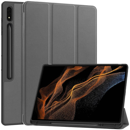 For Samsung Galaxy Tab S10 Ultra / S9 Ultra 3-Fold Pure Color TPU Smart Leather Tablet Case with Pen Slot(Grey) by bashfashion