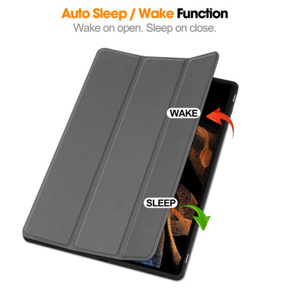 For Samsung Galaxy Tab S10 Ultra / S9 Ultra 3-Fold Pure Color TPU Smart Leather Tablet Case with Pen Slot(Grey) by bashfashion