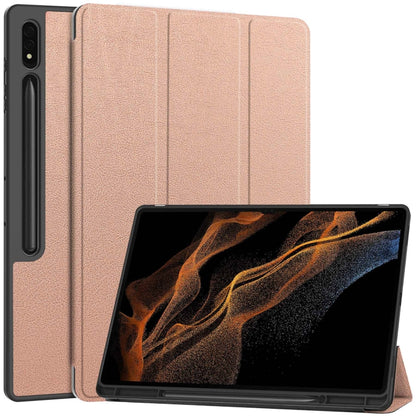 For Samsung Galaxy Tab S10 Ultra / S9 Ultra 3-Fold Pure Color TPU Smart Leather Tablet Case with Pen Slot(Rose Gold) by bashfashion