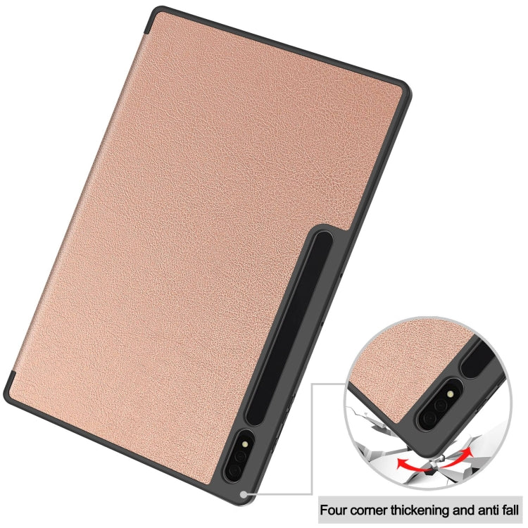 For Samsung Galaxy Tab S10 Ultra / S9 Ultra 3-Fold Pure Color TPU Smart Leather Tablet Case with Pen Slot(Rose Gold) by bashfashion