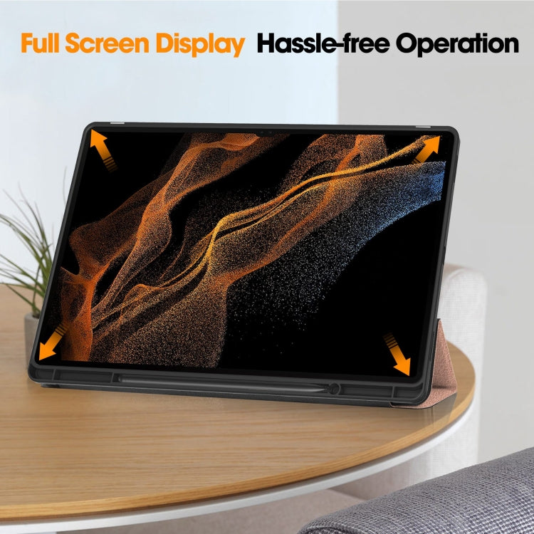 For Samsung Galaxy Tab S10 Ultra / S9 Ultra 3-Fold Pure Color TPU Smart Leather Tablet Case with Pen Slot(Rose Gold) by bashfashion