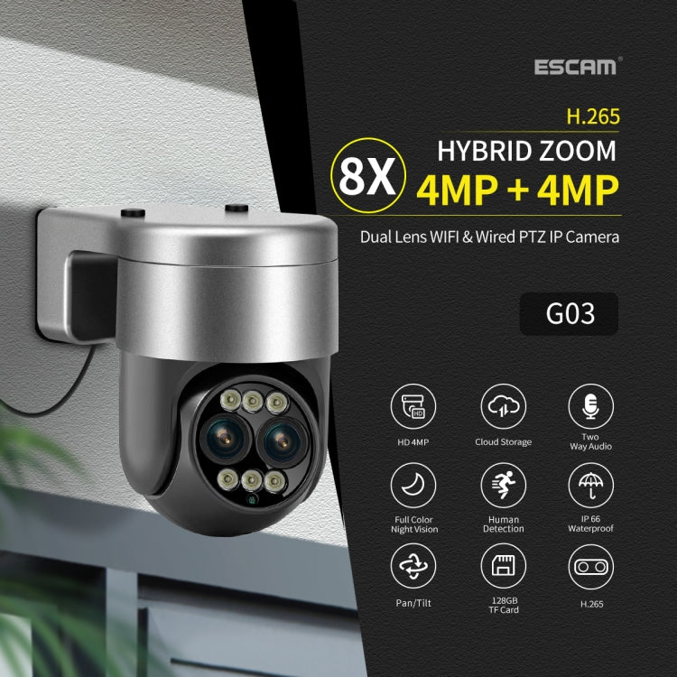 ESCAM G03 2x4MP Dual Lens Zoom 8X Dual Light Source WiFi Camera Support Two-way Voice & Motion Detection(UK Plug) by ESCAM