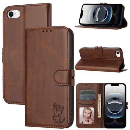 For iPhone 16e Embossed Happy Cat Pattern Flip Leather Phone Case(Brown) by bashfashion