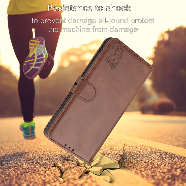 For iPhone 16e Embossed Happy Cat Pattern Flip Leather Phone Case(Brown) by bashfashion