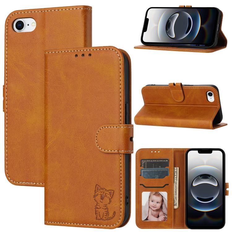 For iPhone 16e Embossed Happy Cat Pattern Flip Leather Phone Case(Yellow) by bashfashion