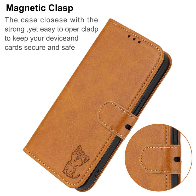 For iPhone 16e Embossed Happy Cat Pattern Flip Leather Phone Case(Yellow) by bashfashion