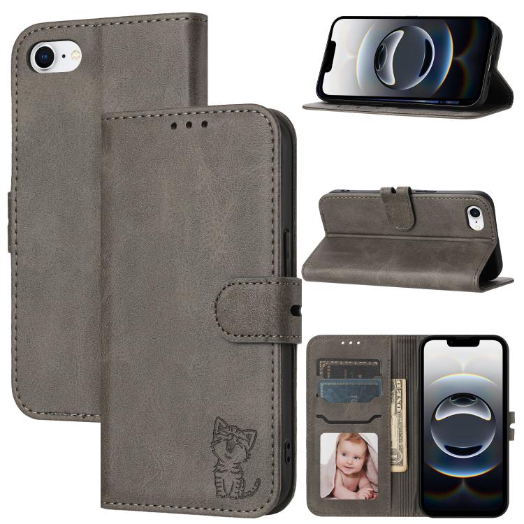For iPhone 16e Embossed Happy Cat Pattern Flip Leather Phone Case(Grey) by bashfashion