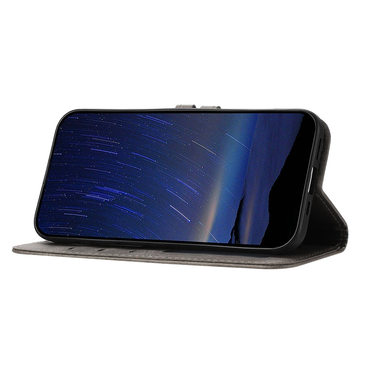 For iPhone 16e Embossed Happy Cat Pattern Flip Leather Phone Case(Grey) by bashfashion