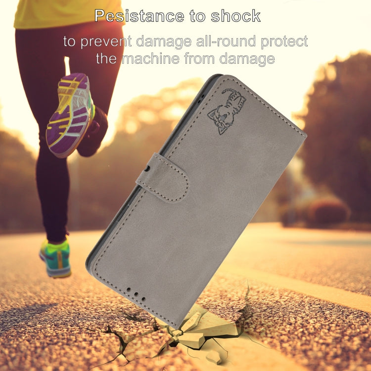 For iPhone 16e Embossed Happy Cat Pattern Flip Leather Phone Case(Grey) by bashfashion