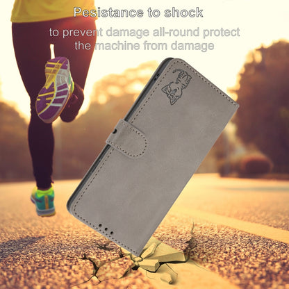 For iPhone 16e Embossed Happy Cat Pattern Flip Leather Phone Case(Grey) by bashfashion