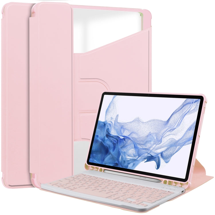 For Samsung Galaxy Tab S9 360 Rotation Transparent Smart Leather Case with Keyboard(Pink) by bashfashion